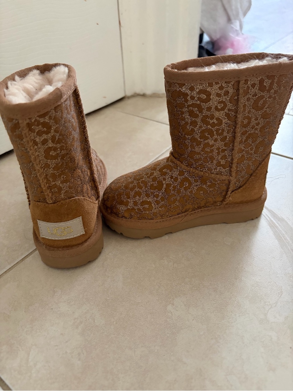 UGG Chestnut Suede Short Boots with Metallic Leopard Detail